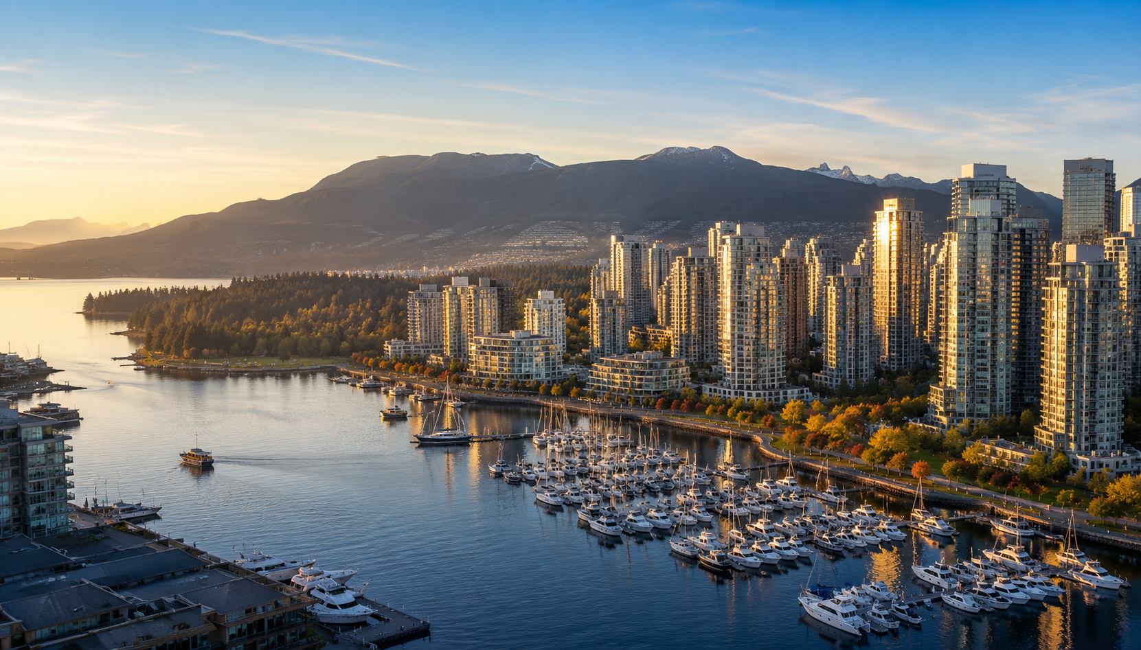 City skyline at sunrise with marina in the foreground